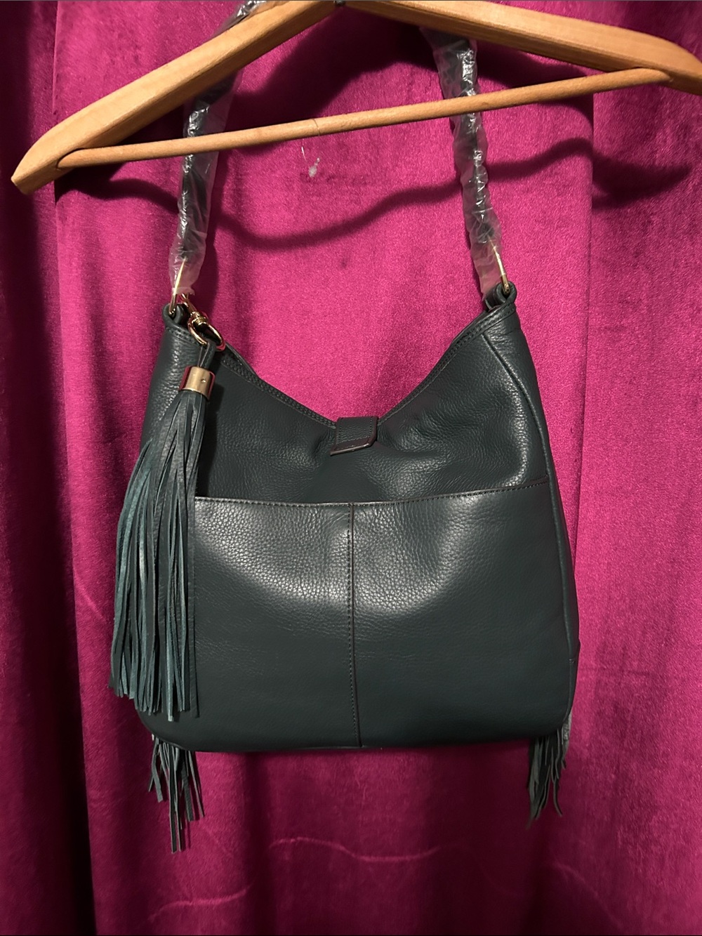 G.I.L.I Fringed Leather Hobo Bag in Dark Green - Picture 5 of 10
